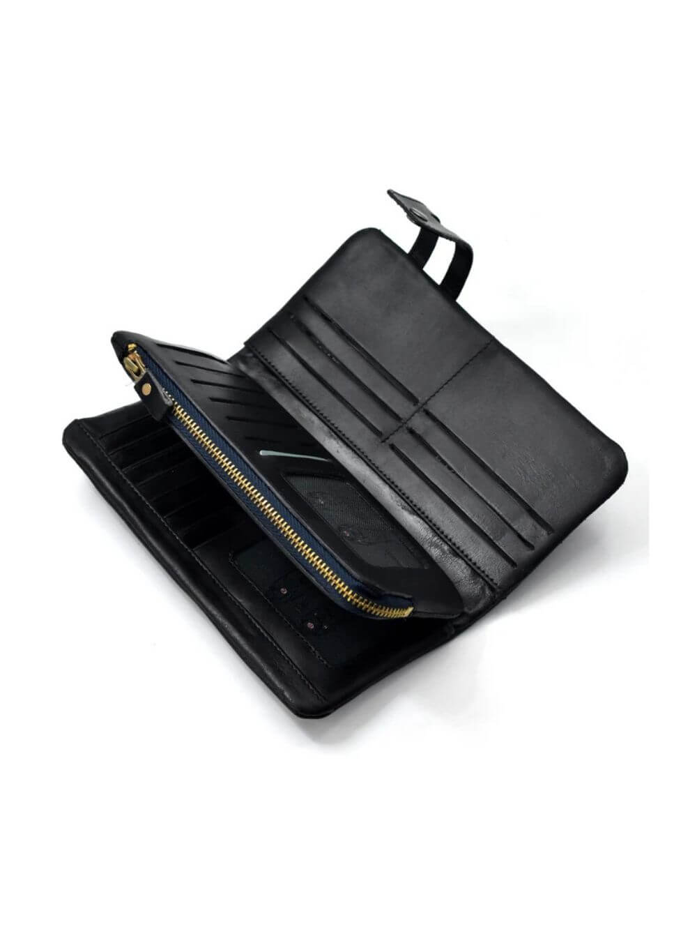 LAVIZAR black leather long wallet interior card slots and phone pocket