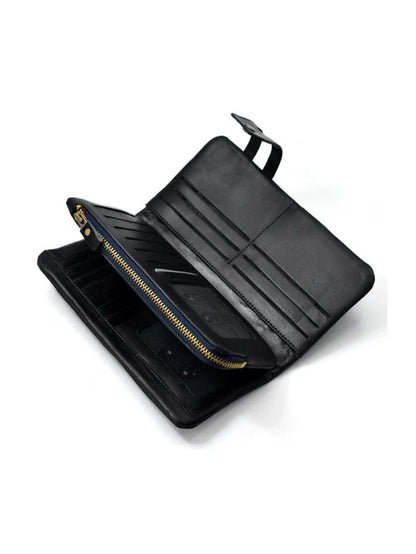 LAVIZAR black leather long wallet interior card slots and phone pocket