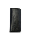 Front flat lay view of Adiba Leather black leather long wallet with debossed corner logo