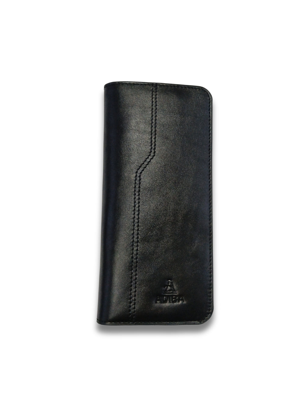 Front flat lay view of Adiba Leather black leather long wallet with debossed corner logo