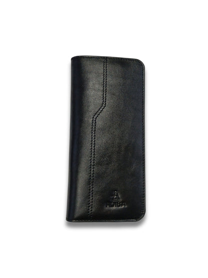 Front flat lay view of Adiba Leather black leather long wallet with debossed corner logo