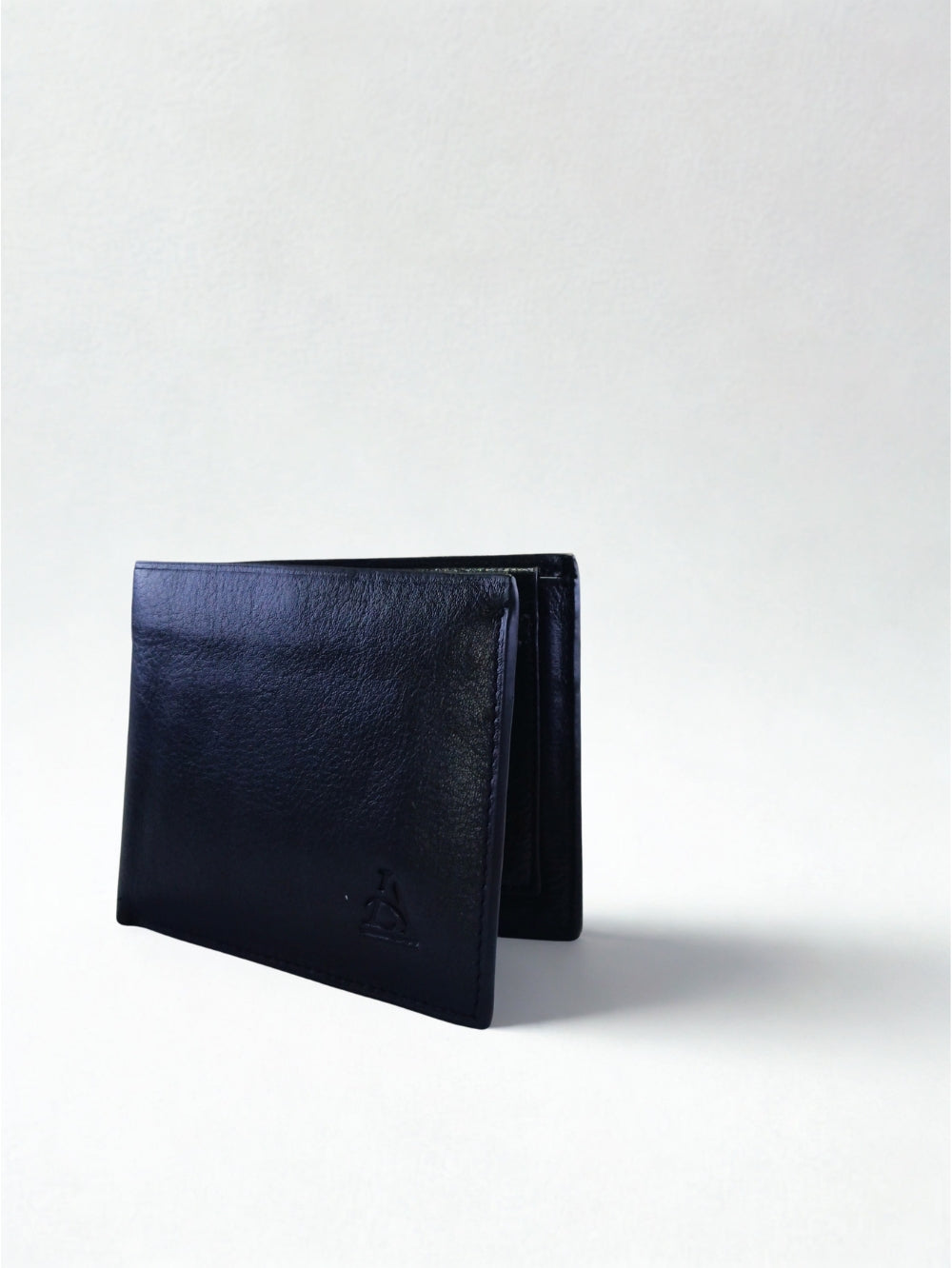 Standing angled view of Adiba Leather black men's bi-fold wallet