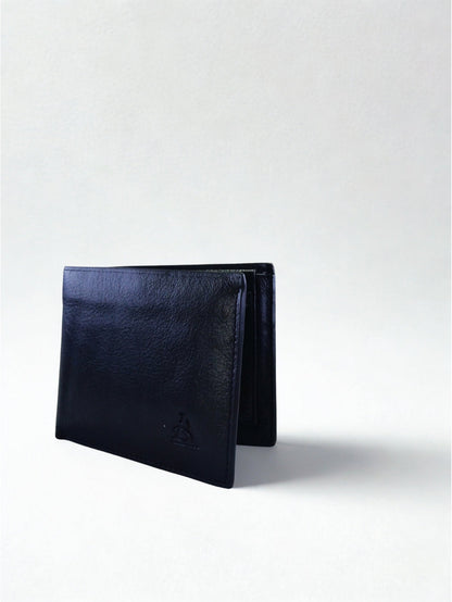 Standing angled view of Adiba Leather black men's bi-fold wallet