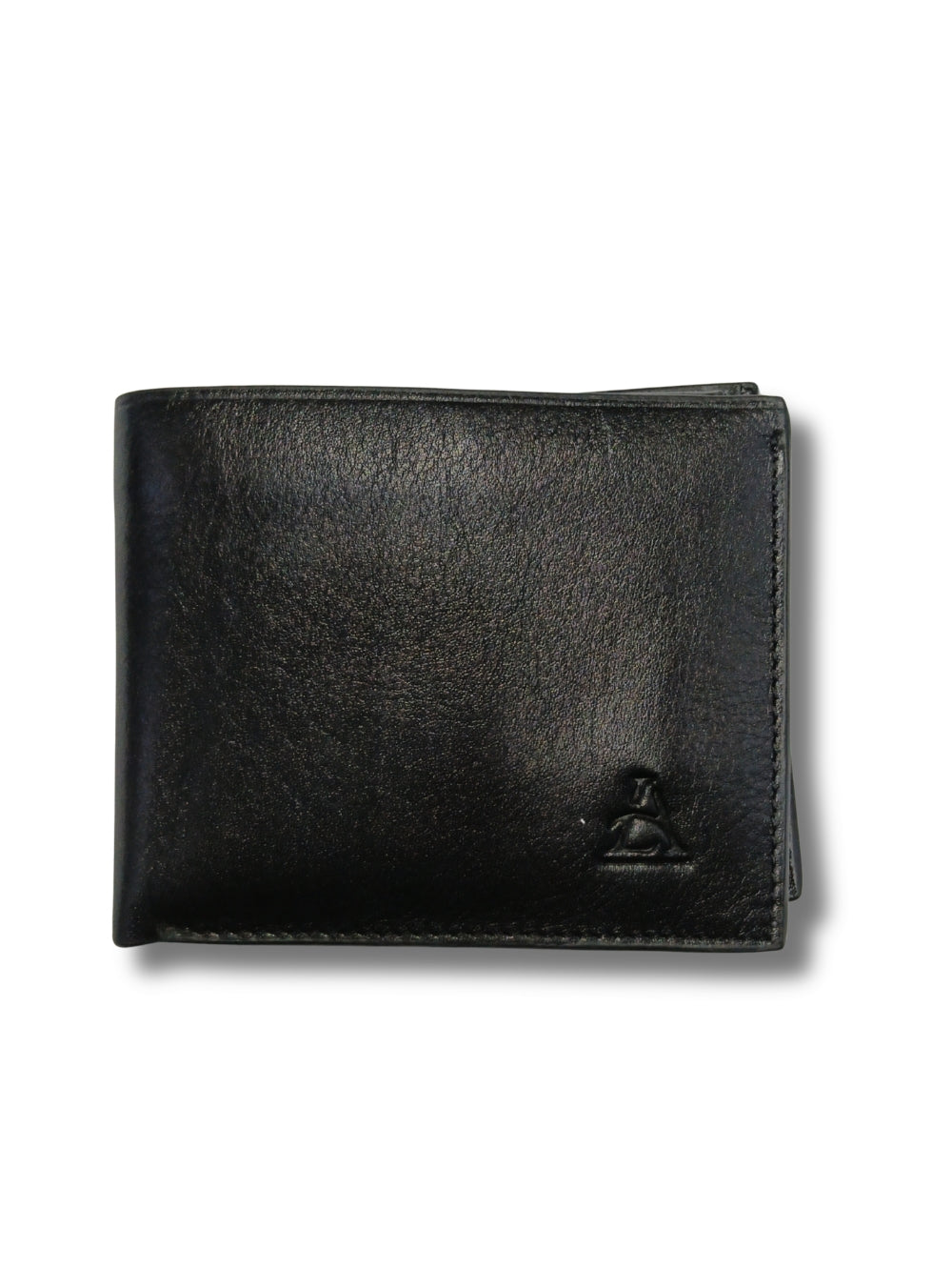 Front view of Adiba Leather black genuine leather bi-fold wallet showing debossed corner logo