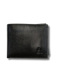 Front view of Adiba Leather black genuine leather bi-fold wallet showing debossed corner logo