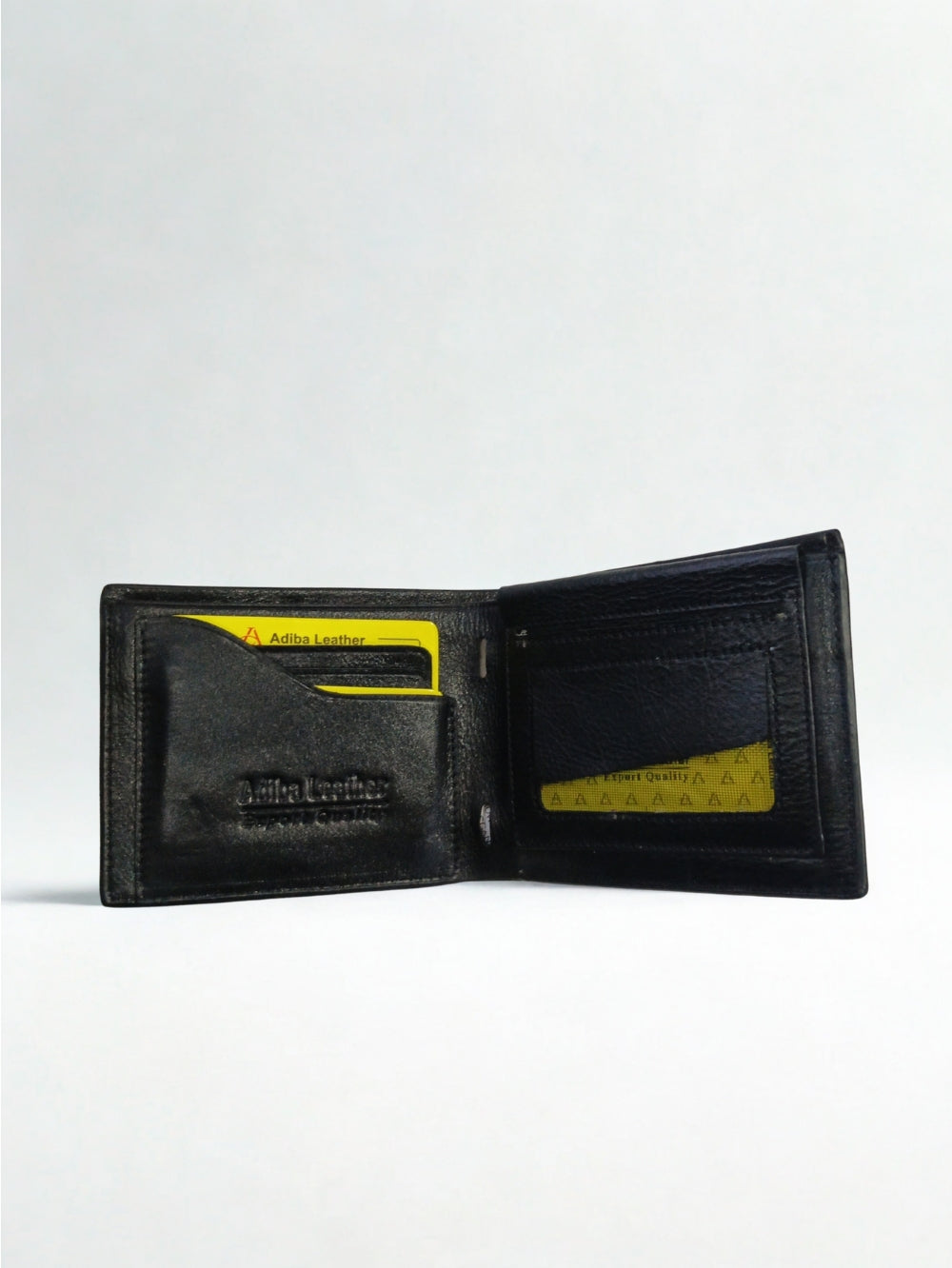 Open interior view of Adiba Leather black wallet showing card slots and ID window