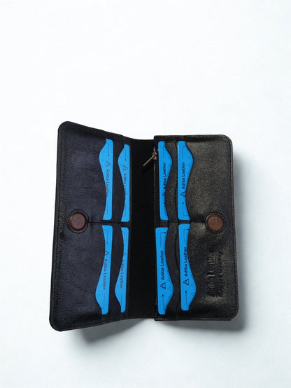 Open interior of Adiba Leather black long wallet displaying card slots, zipper pocket, and magnetic closures