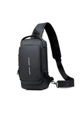LAVIZAR compact EDC travel sling bag in black and bronze color accent