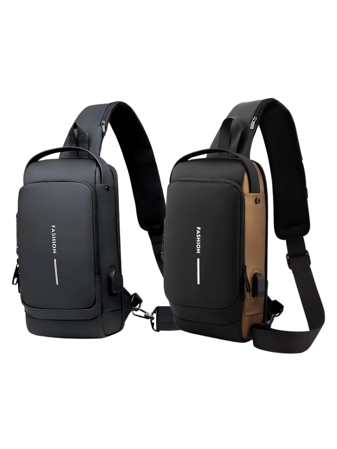 Compact EDC travel sling bag in black and bronze color accent