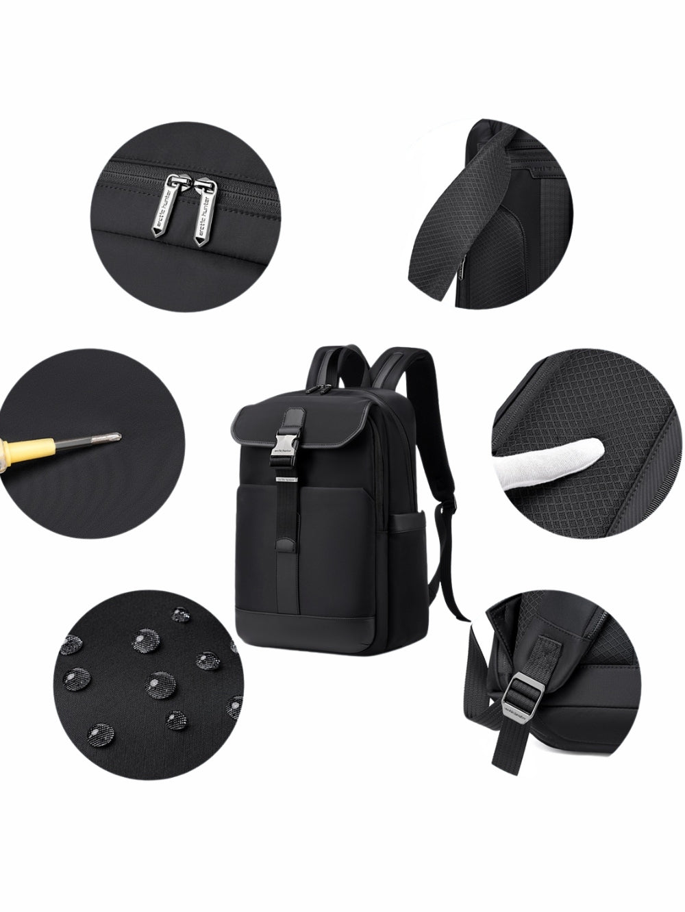 Arctic Hunter B00812 feature details showing water resistance scratch resistance and breathable back panel