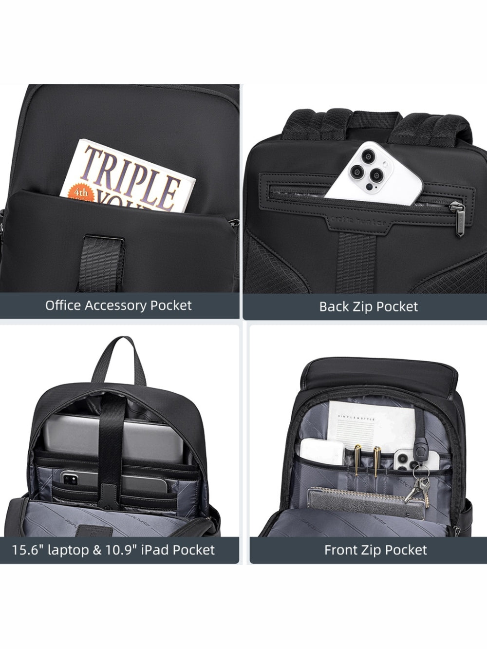 Arctic Hunter B00812 internal pockets showing 15.6 inch laptop sleeve back zip pocket and front zip organizer