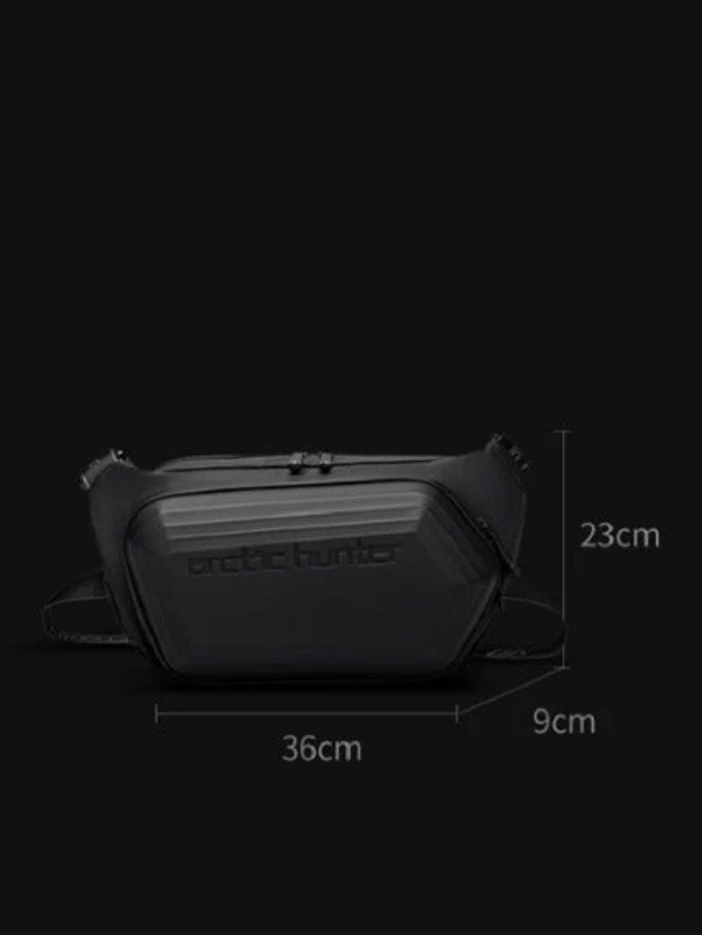 Arctic Hunter crossbody sling chest bag dimensions diagram showing 36cm length 23cm height 9cm depth