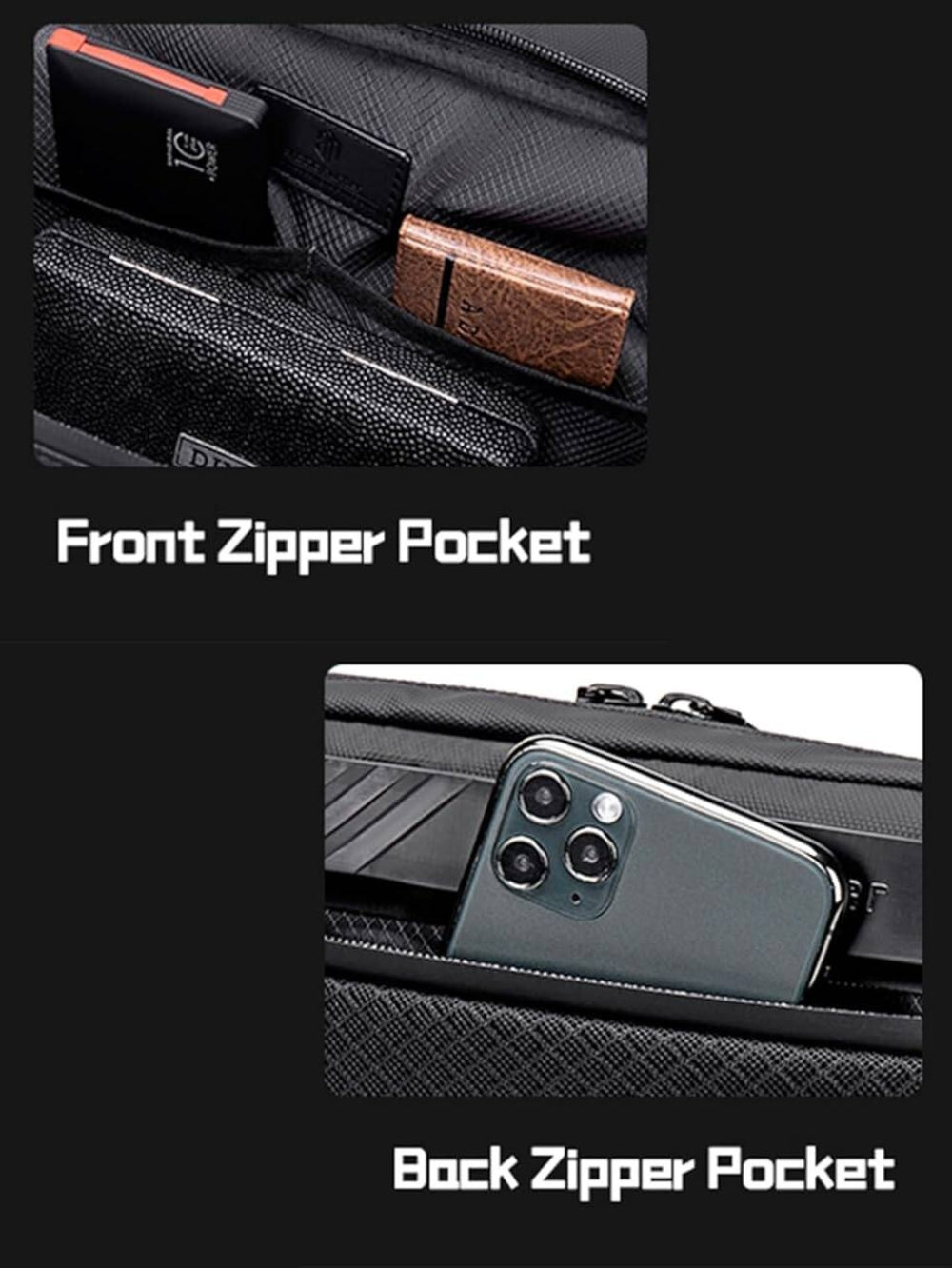 Arctic Hunter sling bag interior front zipper pocket and back anti-theft zipper pocket compartments breakdown