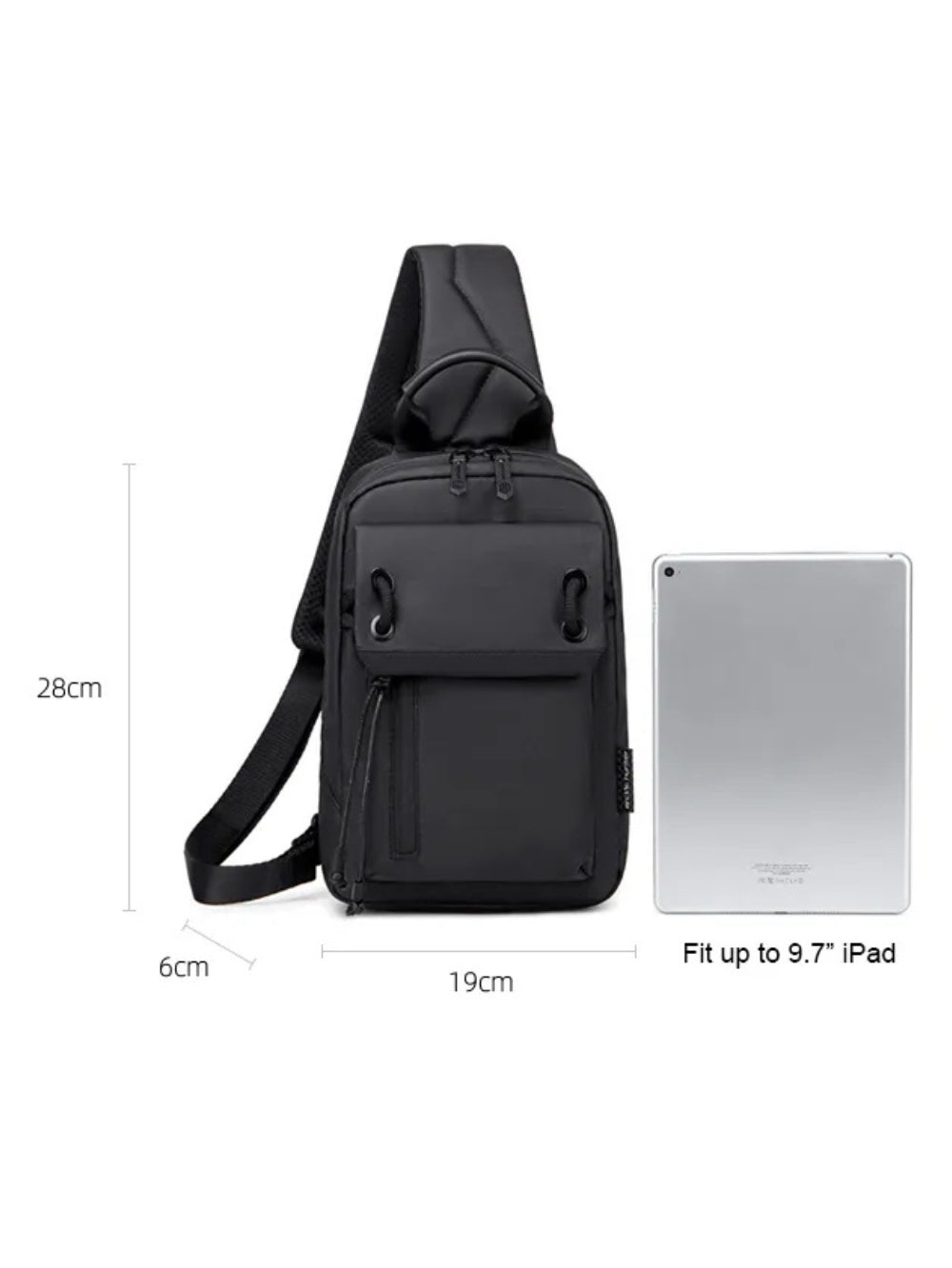 Arctic Hunter XB00526 sling bag size diagram showing 28cm x 19cm x 6cm dimensions with 9.7 inch iPad comparison