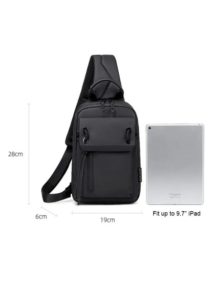 Arctic Hunter XB00526 sling bag size diagram showing 28cm x 19cm x 6cm dimensions with 9.7 inch iPad comparison