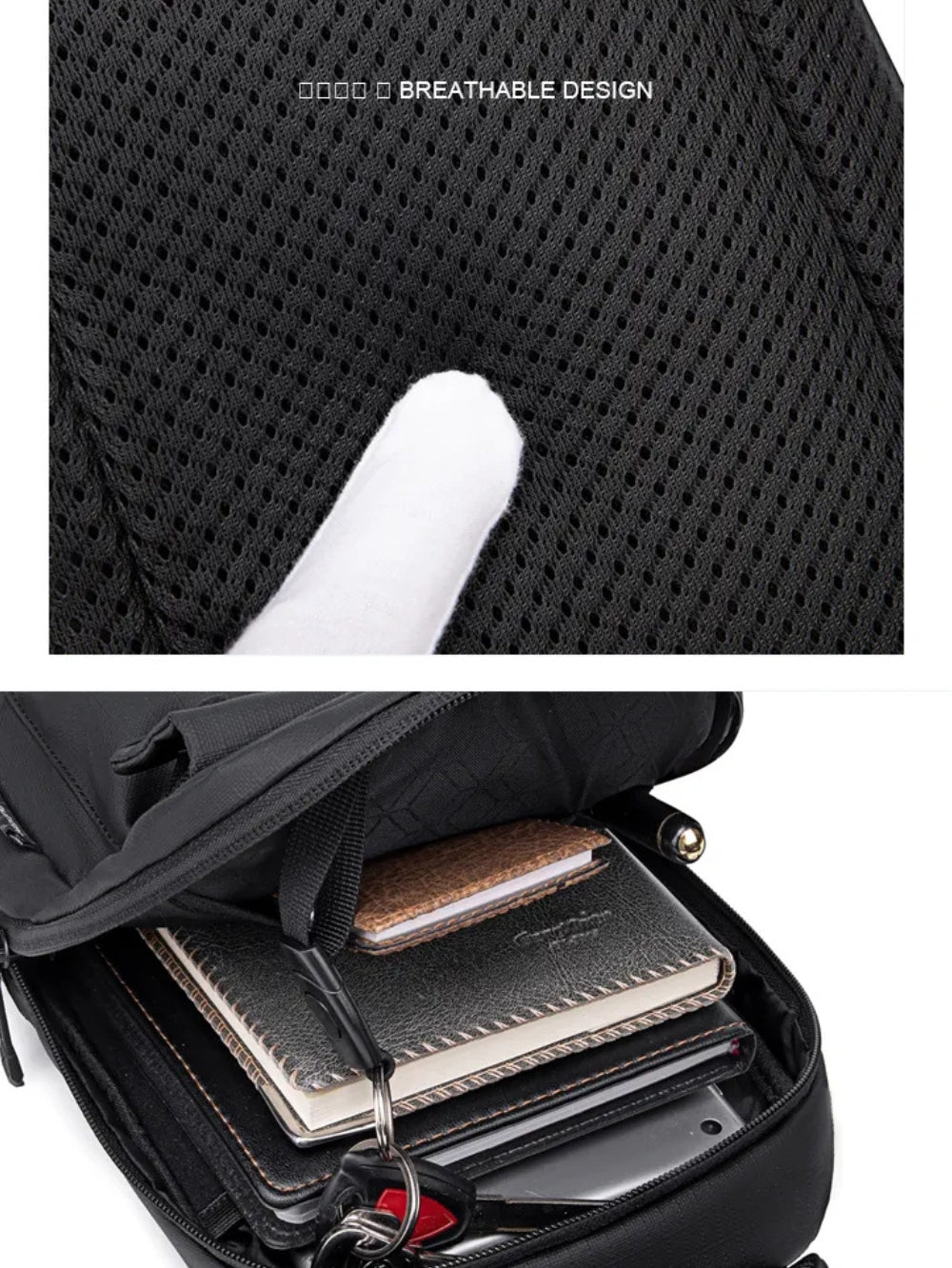 Arctic Hunter XB00526 sling bag detail showing breathable mesh back padding and organized internal compartments