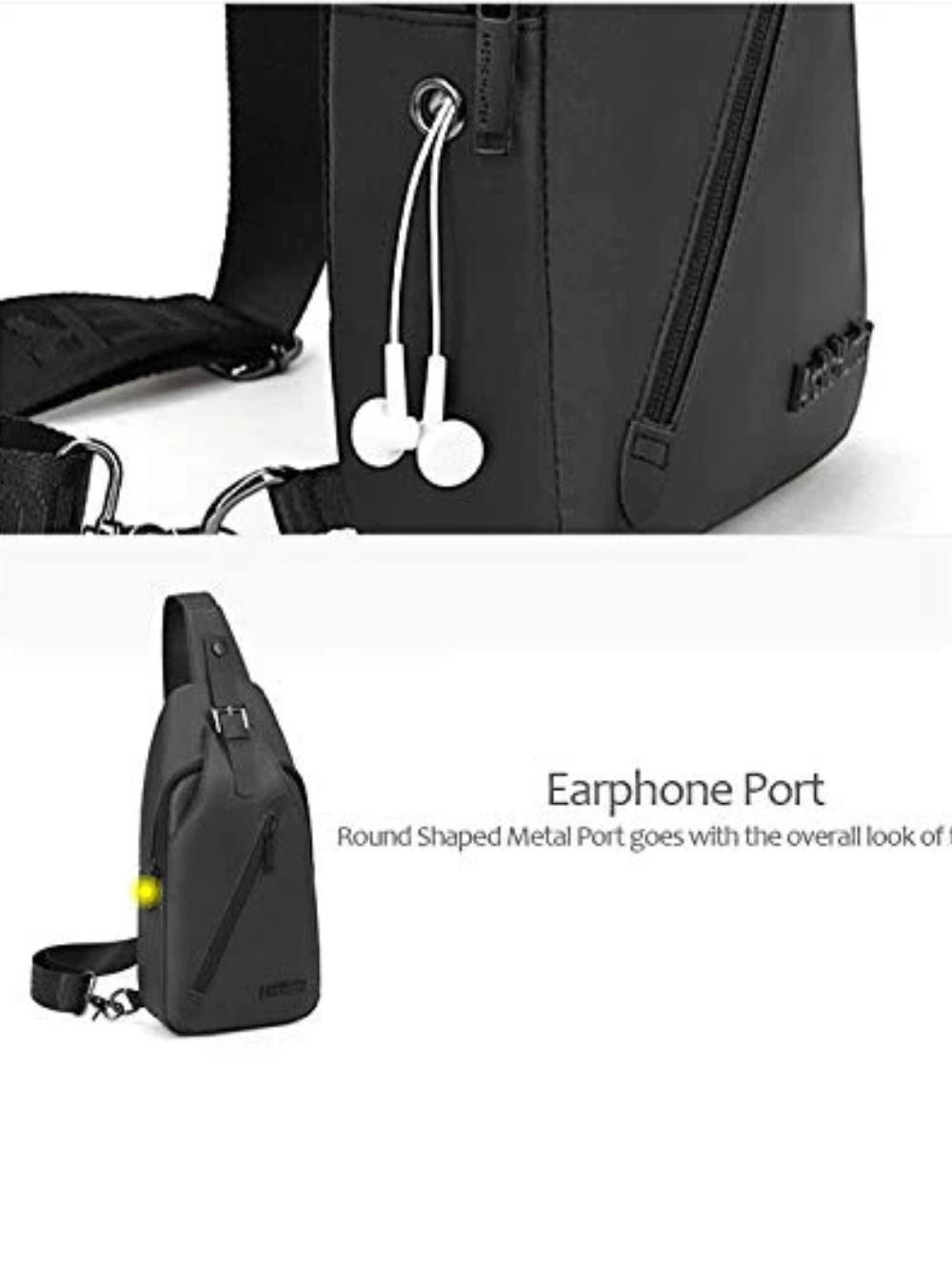 Arctic Hunter XB13006 crossbody sling bag detail highlighting round metal earphone port and headphone usage