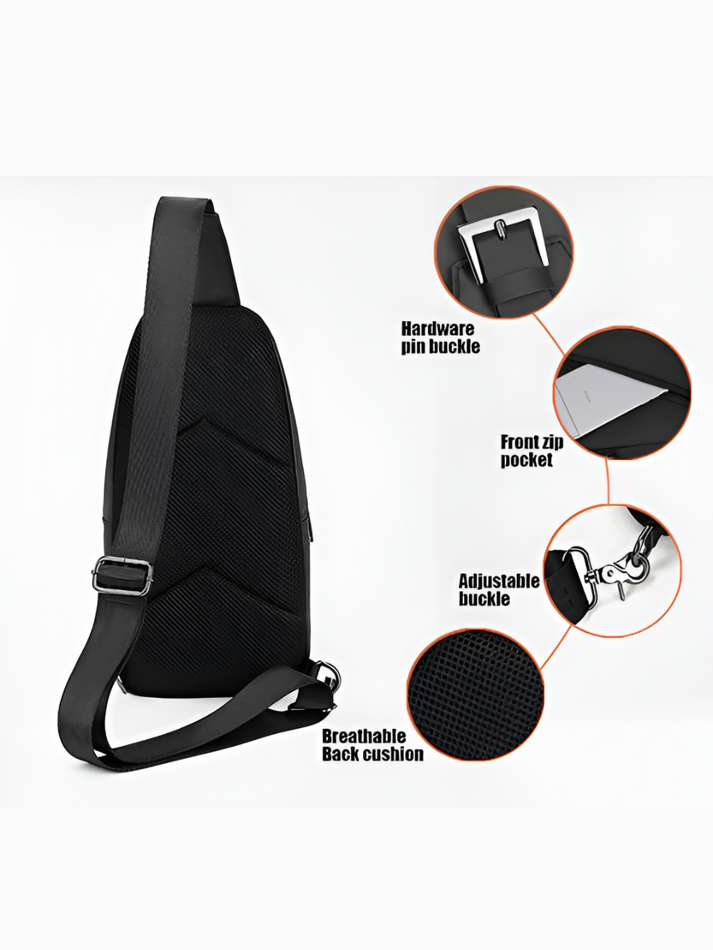 Arctic Hunter XB13006 sling bag feature breakdown showing hardware pin buckle front zip pocket adjustable buckle and breathable back cushion