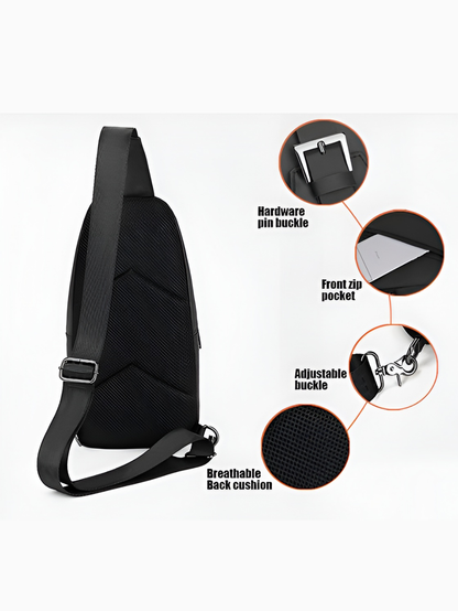 Arctic Hunter XB13006 sling bag feature breakdown showing hardware pin buckle front zip pocket adjustable buckle and breathable back cushion