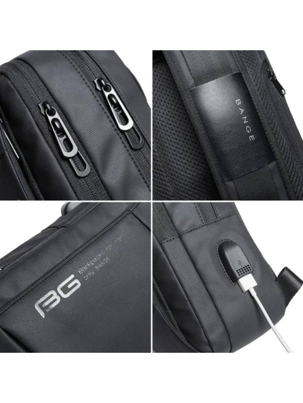 Bange BG-22002 sling bag feature details showing double zippers shoulder strap logo and USB charging port