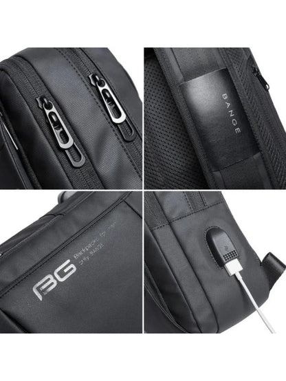 Bange BG-22002 sling bag feature details showing double zippers shoulder strap logo and USB charging port