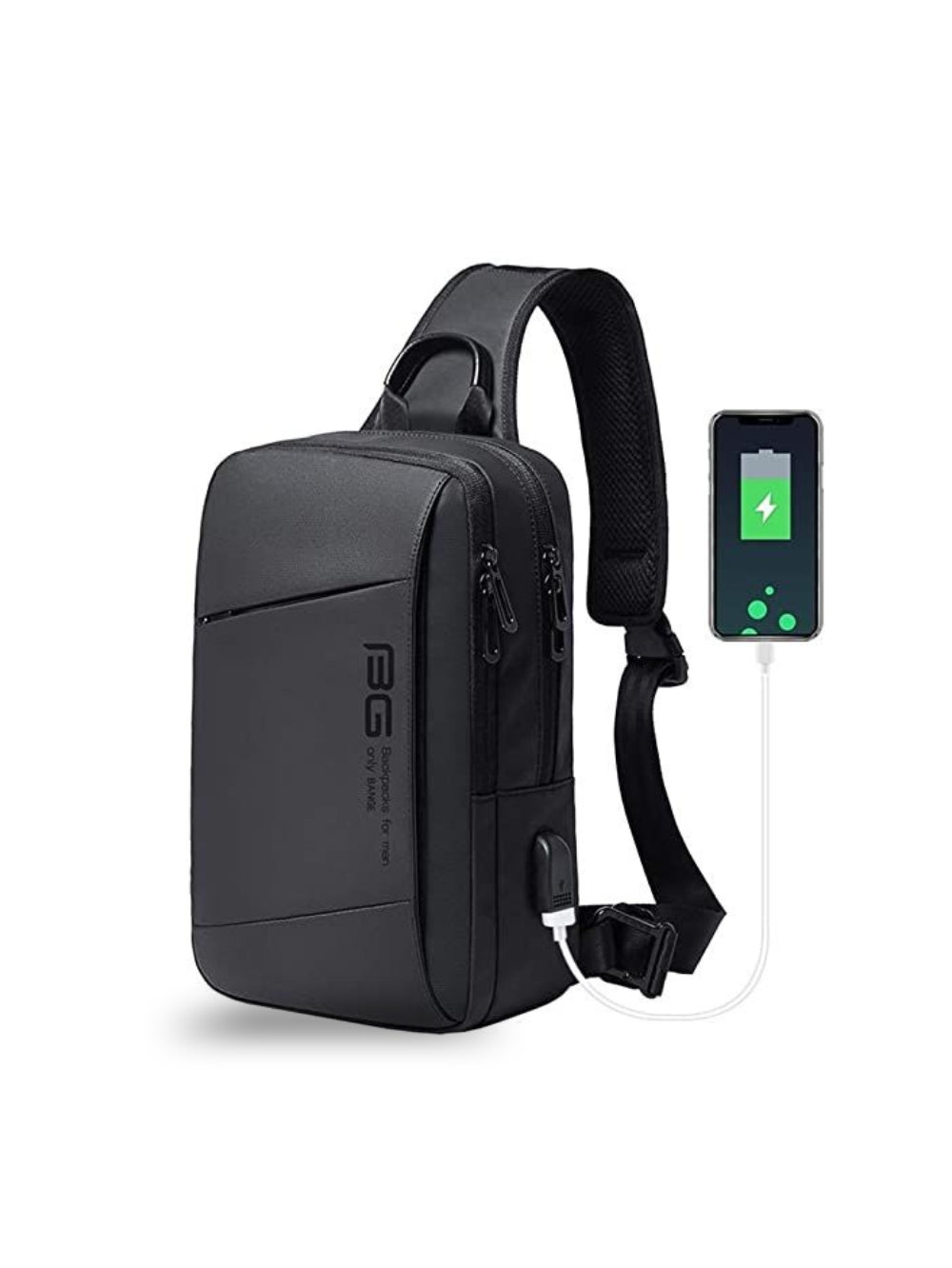 Bange BG-22002 crossbody sling bag connected to phone via integrated USB charging port