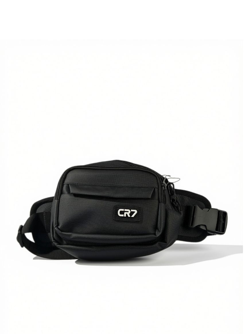 Front view of CR7 black sport sling bag with CR7 logo patch and quick-release buckle