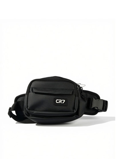 Front view of CR7 black sport sling bag with CR7 logo patch and quick-release buckle
