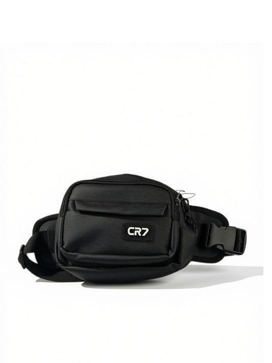 Front view of CR7 black sport sling bag with CR7 logo patch and quick-release buckle