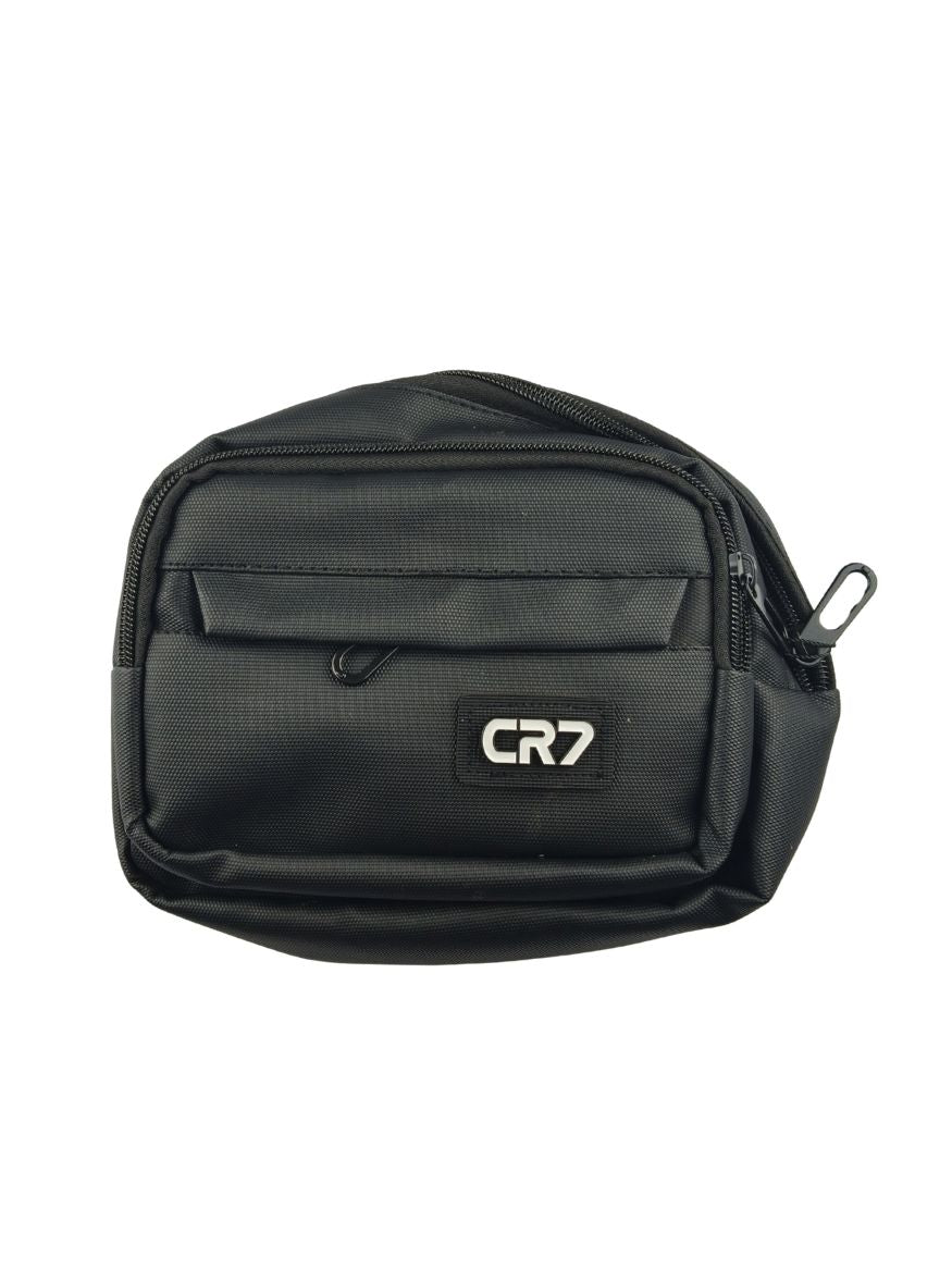 Close-up front view of CR7 black compact waist pack and chest bag