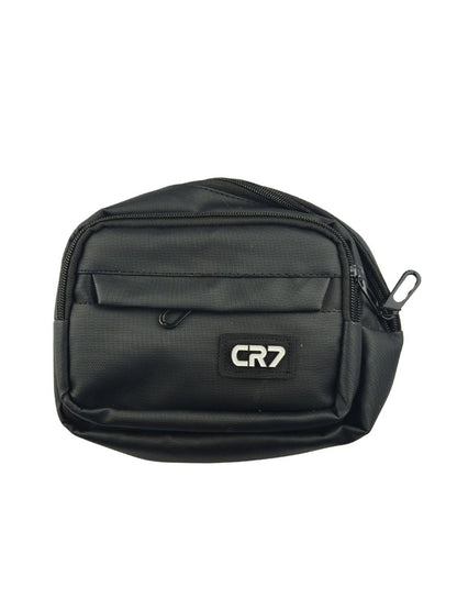 Close-up front view of CR7 black compact waist pack and chest bag