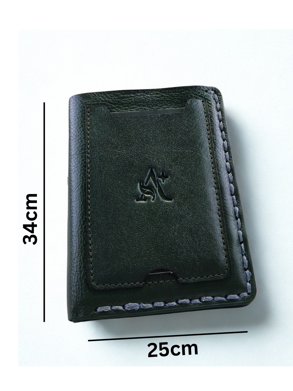 Dark green pebbled leather men's bi-fold wallet showing dimension markers