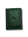 Front view of dark green pebbled leather vertical wallet with embossed monogram logo and contrast hand stitching