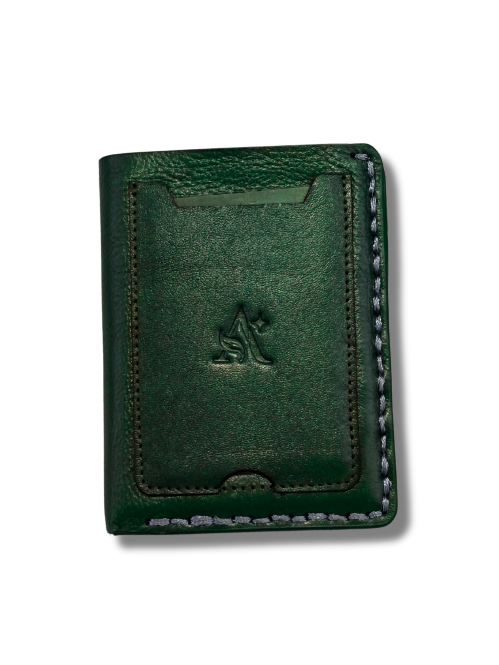 Front view of dark green pebbled leather vertical wallet with embossed monogram logo and contrast hand stitching
