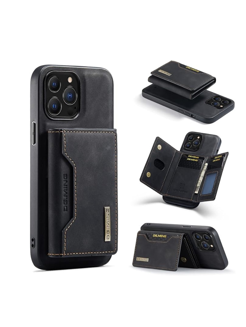 DG.MING black 2-in-1 magnetic detachable leather wallet phone case front profile