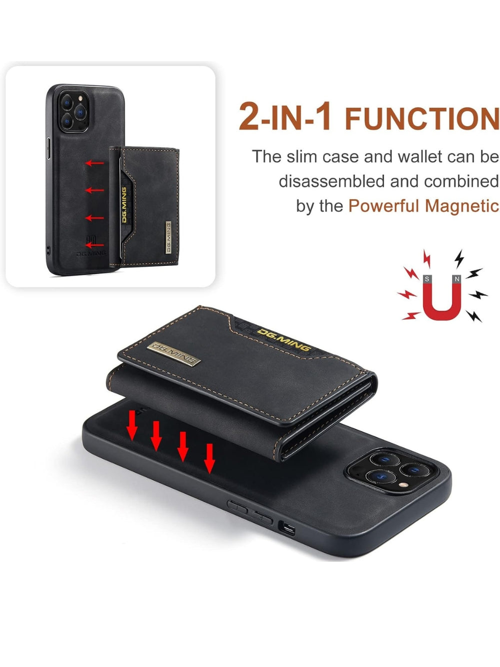 DG.MING 2-in-1 feature diagram highlighting magnetic detachable slim case and wallet combination