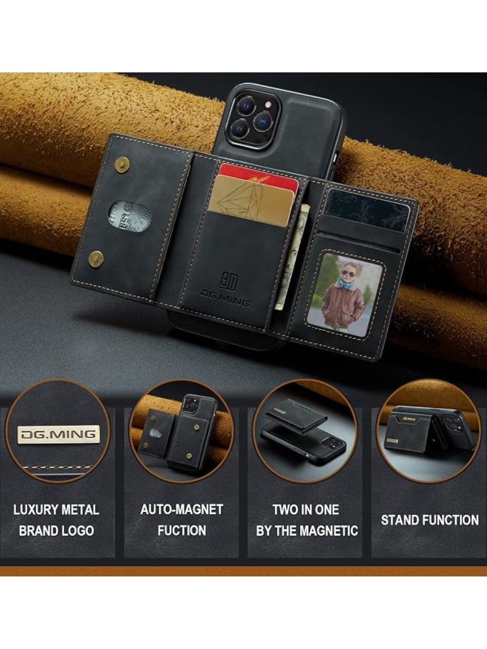 DG.MING tri-fold leather wallet phone case unfolded showing card slots ID photo slot and cash compartment
