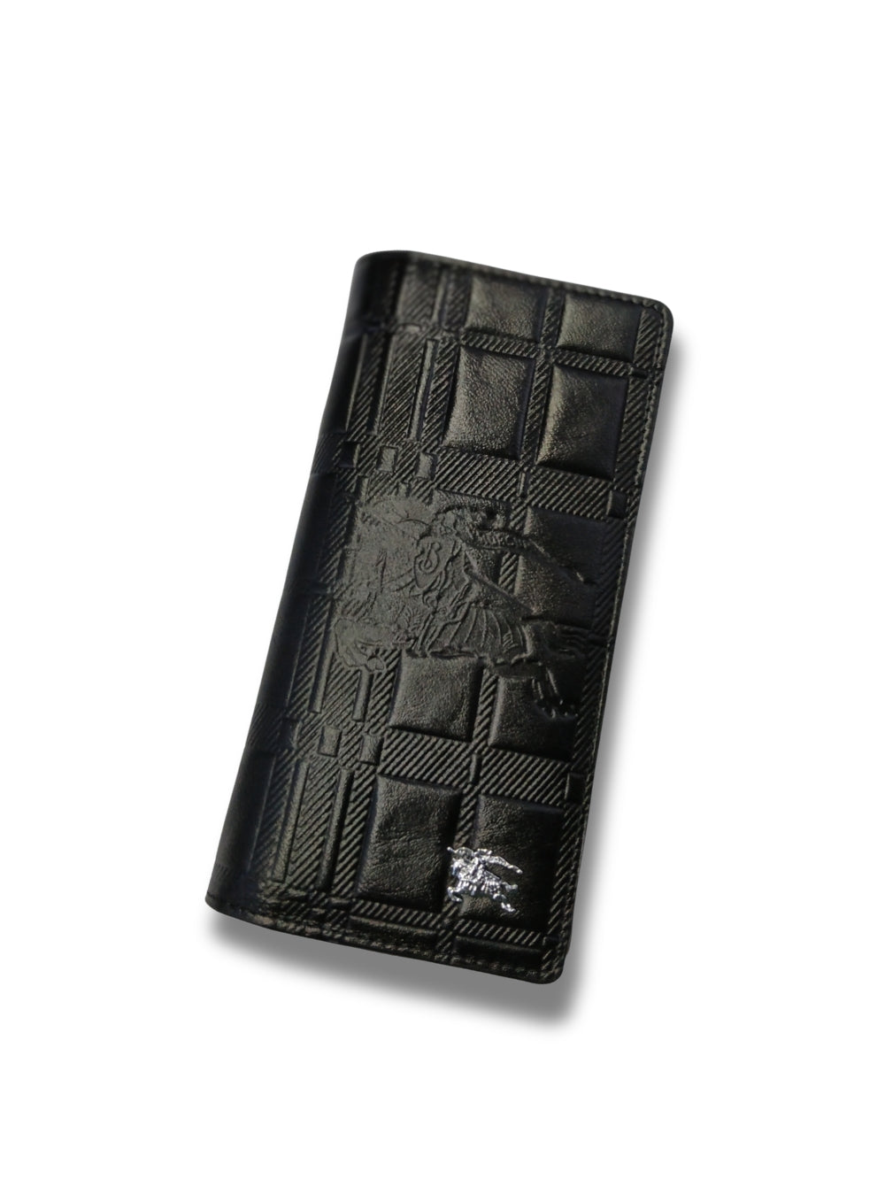 Textured black leather long wallet with check pattern and silver equestrian emblem