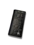 Textured black leather long wallet with check pattern and silver equestrian emblem