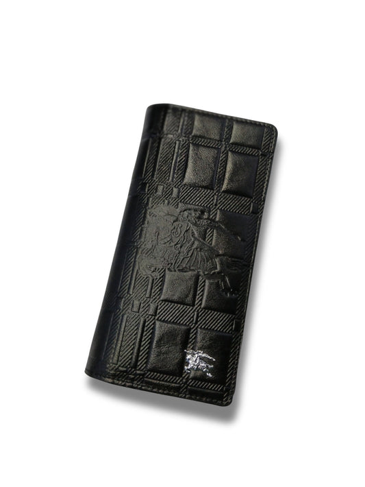 Textured black leather long wallet with check pattern and silver equestrian emblem