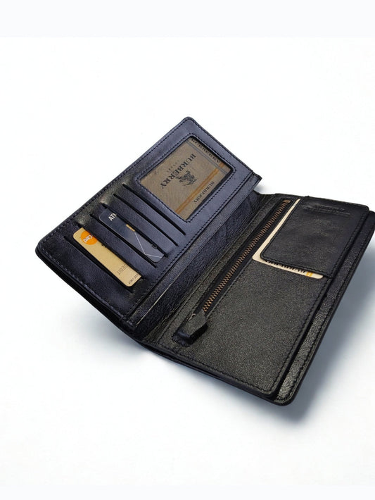 Open interior view of black leather long wallet showing card slots ID window and zipper section