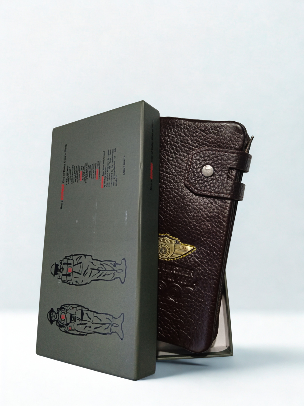 Dark brown Esiposs long leather mobile clutch wallet packaged inside graphic gift box