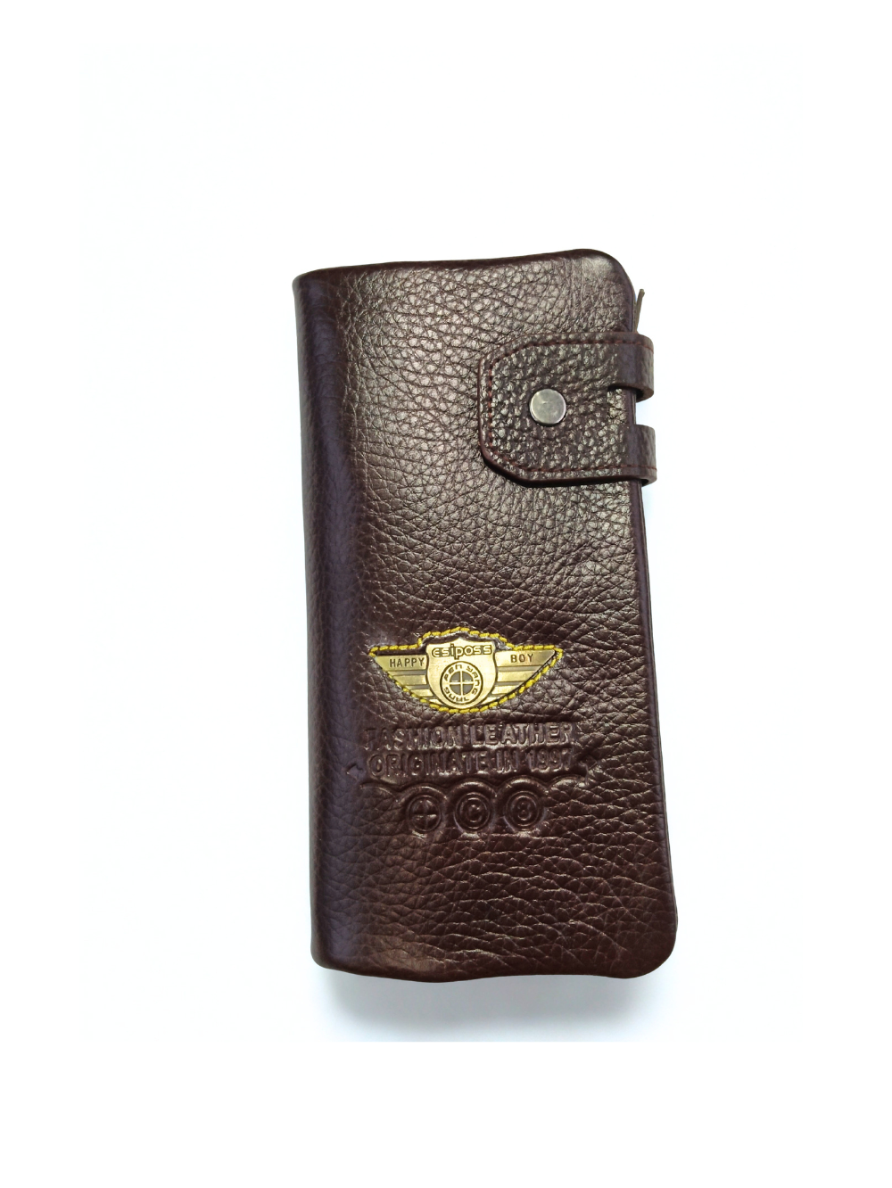 Front view of dark brown Esiposs long leather trifold wallet showing snap strap closure