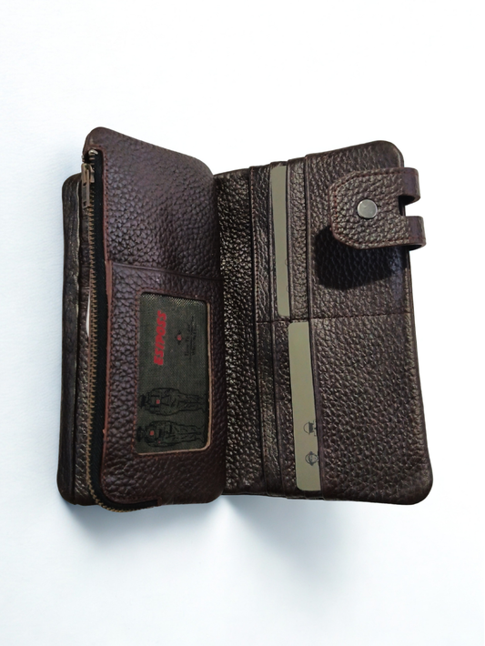 Open interior view of dark brown Esiposs leather trifold long wallet showing card slots and zipper compartment