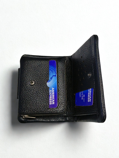 Open interior of black Esiposs leather wallet showing credit card slots and zipper compartment