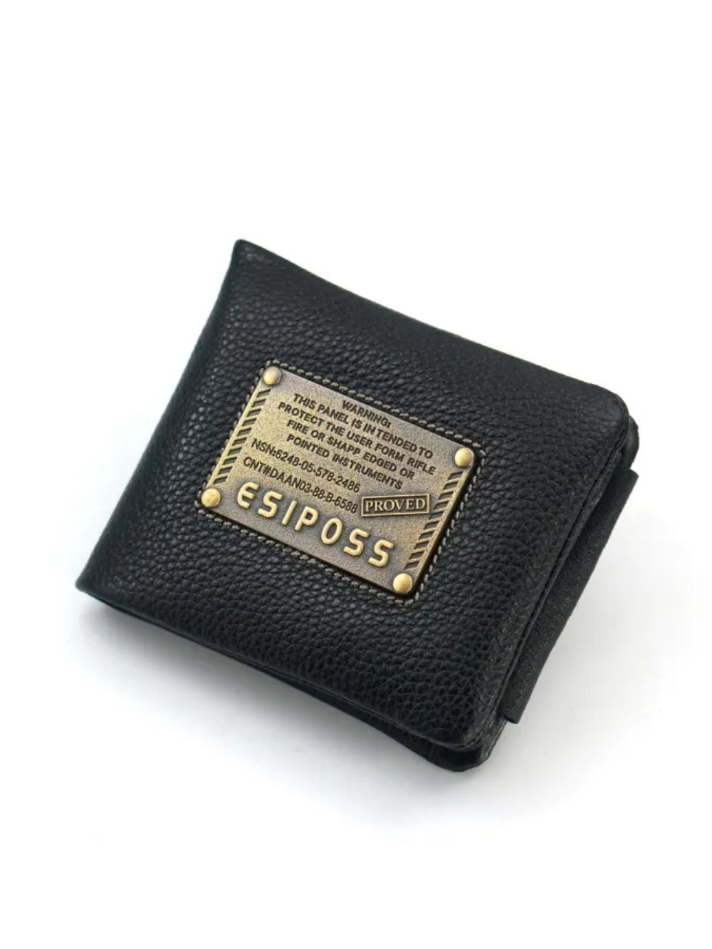 Esiposs black pebbled leather wallet featuring studded military-style brass logo plate