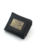 Esiposs black pebbled leather wallet featuring studded military-style brass logo plate