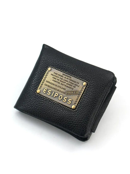 Esiposs black pebbled leather wallet featuring studded military-style brass logo plate