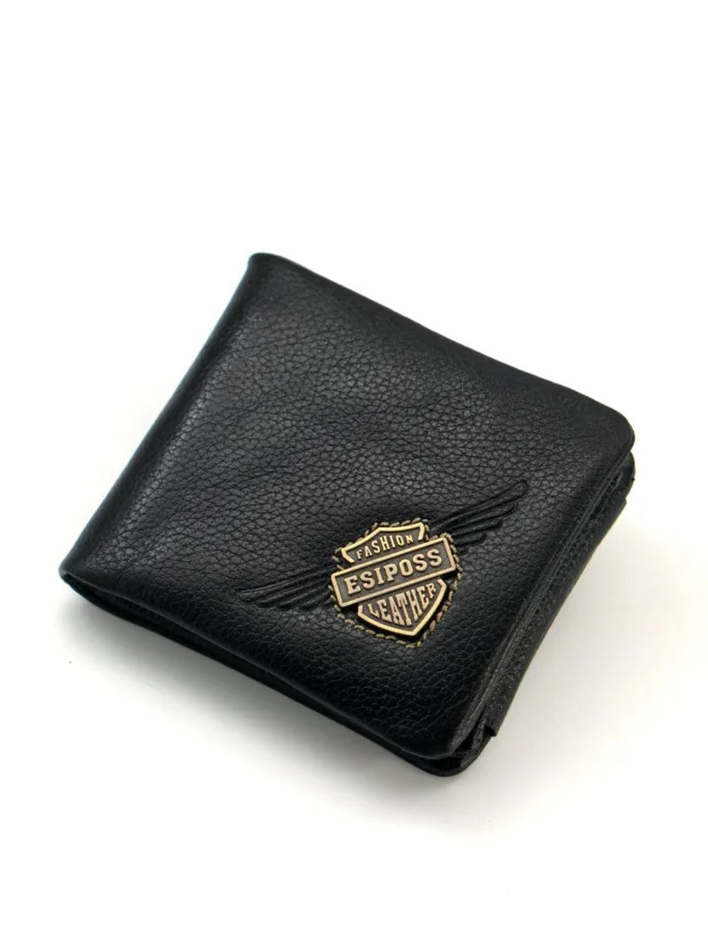 Esiposs brown pebbled leather wallet with riveted metallic warning plate logo