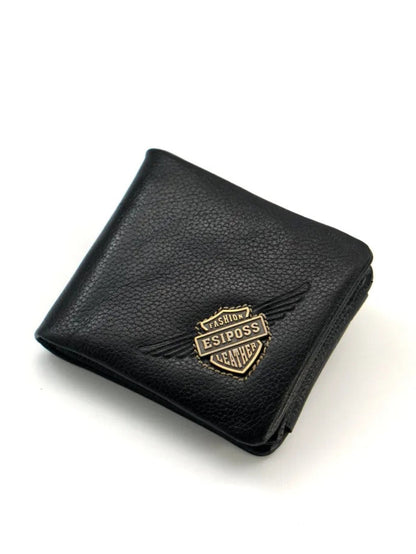 Esiposs brown pebbled leather wallet with riveted metallic warning plate logo